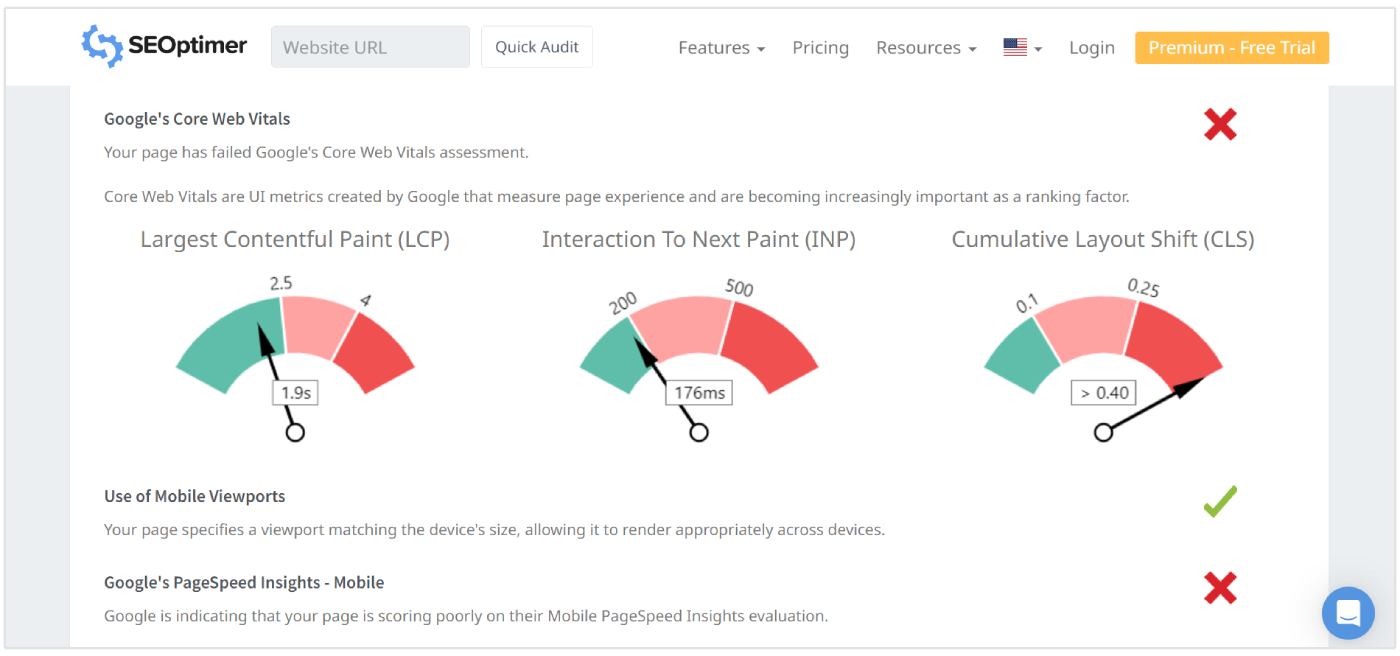 SEO denetiminde Core Web Vitals puanları